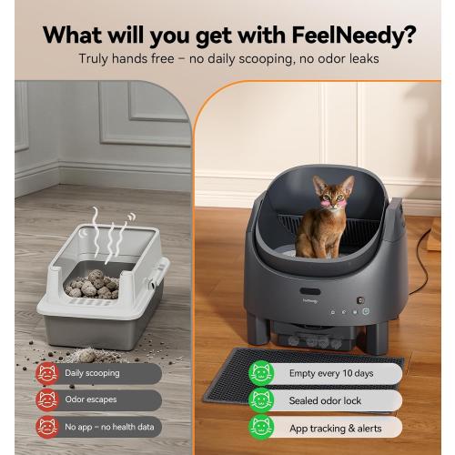 Automatic Litter Box Self Cleaning, FeelNeedy Open-Top Smart Cat Litter Box with App Control, Odor-Control Safety Sensor Design for 1-3 Cats, Includes Waste Bags
