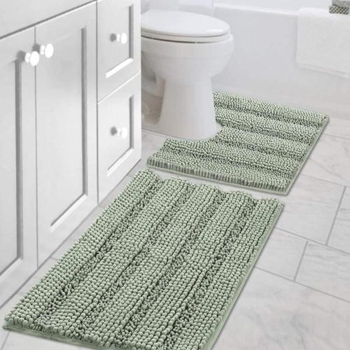 H.VERSAILTEX Bathroom Rugs Bath Rug Set 2 Piece Bathroom Contour Rug Toilet Mat Sets Non Slip Contour Bath Rug Ultra Thick Water Absorbent Striped Bath Mats Washable(20 x 32 Plus 20 x 20 U, Sage)