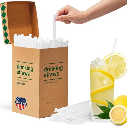 Plastic Straws 500 Pcs Individually Wrapped Clear Disposable Drinking Straw | 10.2 Long Made in USA - Straight Long Straws for Party, 0.23'' Diameter