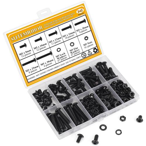 242 Pieces M5 Screws Nuts Washers Set Black, Sutemribor M5 x 8/10/12/16/20/25/30mm Button Head Socket Cap Screws Nuts Washers Assortment Kit, 10.9 Grade Alloy Steel, Fully Threaded