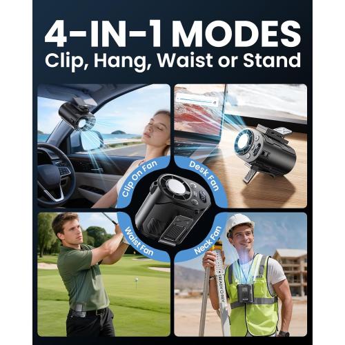 Portable Waist Fan with Ice Cooling, 4-in-1 Clip-On Fan for Car/Shirt/Hat/Belt, 16000RPM Strong Airflow, 12H Runtime, 100 Speed Settings, Wearable Fan for Outdoor Work, Camping, Travel Black