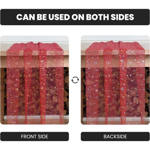 Artoid Mode Gold Stars Red Gauze Table Runner 120 Inch 10FT, Reversible Glitter Sheer Dining Wedding Holiday Birthday Table Decor for Home Party