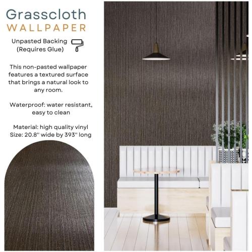 Metallic Dark Grey Brown Silver Grasscloth Textured Wallpaper 20.8x 393.0