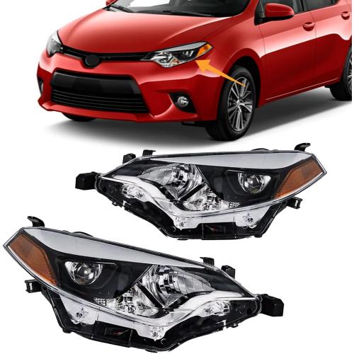 Front Bumper Headlights Fit for 2014-2016 Toyota Corolla C CE LE S L Headlamp Replacement Kit Chrome Housing Amber Reflectors LH   RH