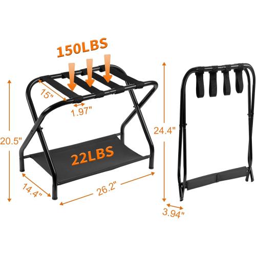 Heybly Luggage Rack for Guest Room, Pack of 2, Steel Folding Suitcase Stand with Storage Shelf for Bedroom, Hotel, Foldable Steel Frame, Guest Room 26.2 L x 14.4 W x 20.5 H, Black HLR004B2