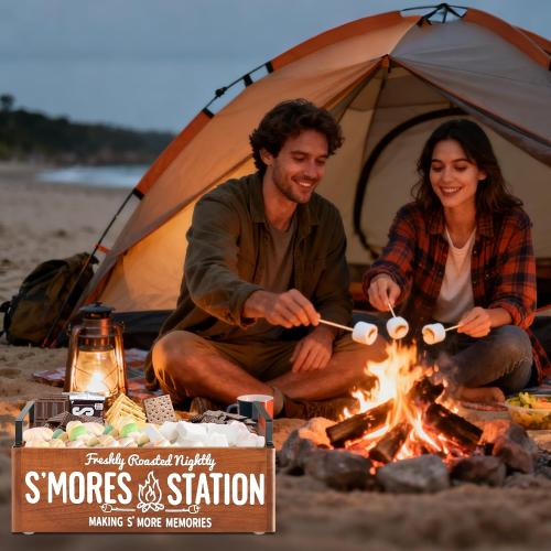 Farmhouse Smores Station, Wooden Smores Caddy with Handles, S'mores Bar Holder with 5Pcs Extendable Smores Sticks, Smores Maker Box for Smores Kit, Outdoor Fire Pit Camping Essentials Cooking (Brown)