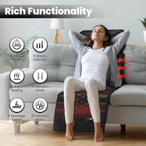 Massage Mat, Detachable Neck Massager, Full Body Vibration Heating, Massage Pad with 10 Vibrating Motors and 9 Speed Settings for Home Office Use, Gift for Men Women Parents Christmas,Black