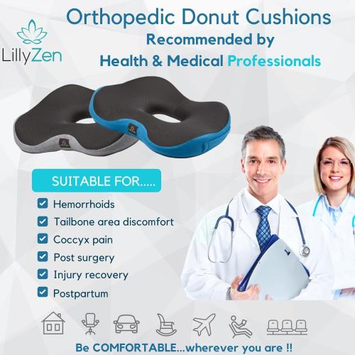 Color Black and Blue Lilly Zen Donut Pillow for Tailbone Pain Relief Memory Foam Cushion Orthopedic Seat Pressure Relief Sitting Coccyx Sciatica Hemorrhoid Pregnancy Postpartum Office Chair Butt Pillows (Black Blue)