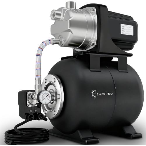 LANCHEZ 1.6 HP Shallow Well Pump with Pressure Tank, 1340 GPH Stainless Steel Water Transfer Pump, 115V Garden Irrigation Pump, Automatic Water Booster Jet Pump for Home Garden Lawn Farm, Matte
