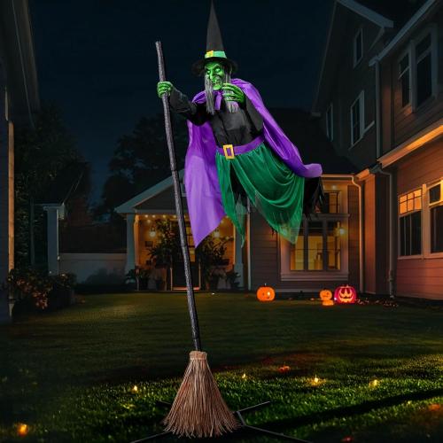 Size 12ft Halloween Decorations Outdoor - 12 Ft Animated Hovering Witch Animatronics Prop with Sound & Touch Activated Sensor - Spooky Scary Decor for Home Outside Garden Yard Lawn
