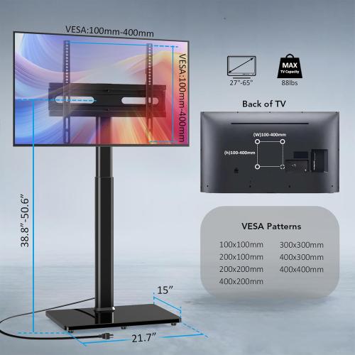 AX WABER Floor TV Stand with Power Outlet, Universal TV Stand Mount for 27-65 inch TV up to 88lbs, 70 Degree Swivel 9 Level Height Adjustable with Tempered Glass Base for Bedroom, Office Black