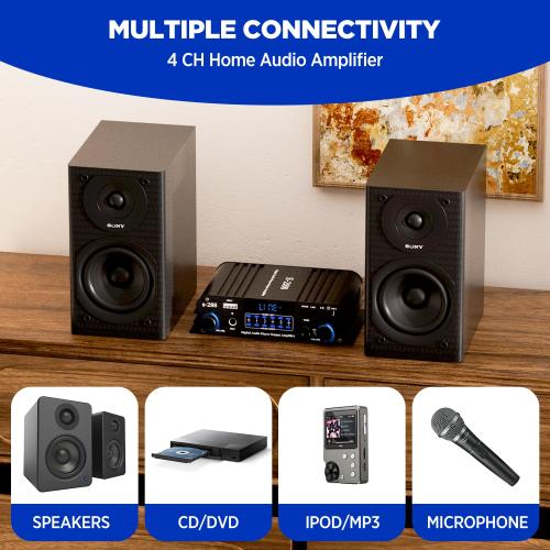 1200W Amplifier Home Audio 4 Channel, Bluetooth5.0 Small Amplifier, RMS 45Wx4, 300W*4 Peak Power Stereo Receiver with USB, SD, Class D Speaker Amp for Home Theater Karaoke RCA, Garage
