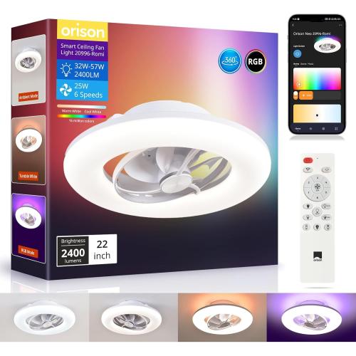 Orison 22 360° Oscillating Ceiling Fan with Light, Rotating Low Profile Flush Mount Ceiling Fan, Smart RGB Ceiling Fans, Alexa&Google Compatible, Dimmable LED, APP/Remote, Modern for Bedroom, White
