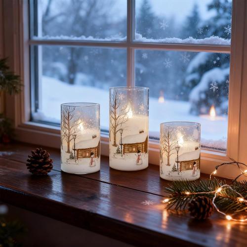 DRomance Snowman Glass Flameless Candles Battery Operated with Remote and Timer Real Wax LED Flickering Pillar Candles White Cold Light Window Christmas Holiday Decor D3 x 4,5,6