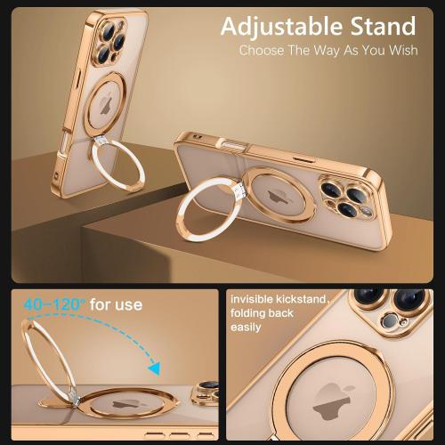 GUAGUA for iPhone 16 Pro Max Case with Stand, Magnetic Clear Cases Plating Edge Invisible Ring Holder Slim Shockproof Protective Kickstand Phone Case for iPhone 16 Pro Max 6.9'', Desert Titanium Gold