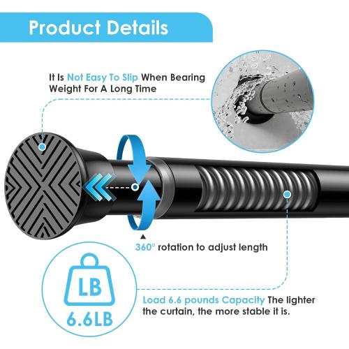 Tension Curtain Rod 31 To 76 Inch Black Shower Curtain Rod | No Drilling Adjustable Spring Loaded Curtain Rods 7/8Diameter Shower Rods For Bathroom Windows Bedroom Closet