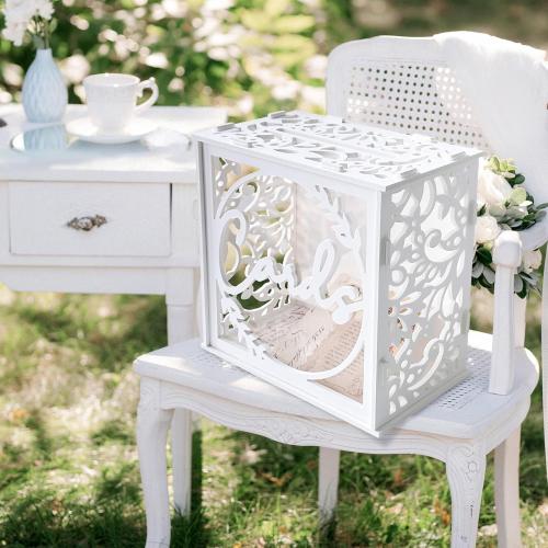 OurWarm White Wedding Card Box for Receptions, PVC Gift Card Box for Wedding with Acrylic Windows, Rustic Envelope Money Gift Box for Anniversary Bridal Baby Showers Graduation Birthday Party