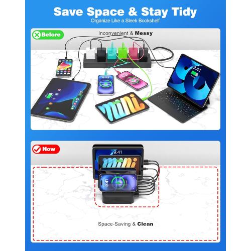 MSTJRY Charging Station for Multiple Devices : 6 Port USB Charger Stations - Family Multi-Device Organizer Charging Dock - Designed for iPhone iPad Android Cell Phone Tablet and Electronic, Black