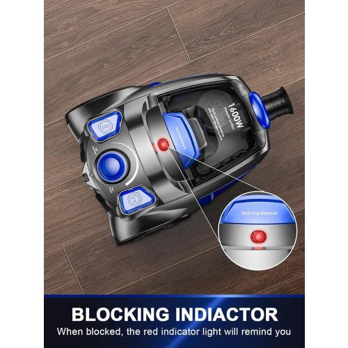 Canister Vacuum Cleaner, 40Kpa 1600W Cyclon Power, Dust Full Indicator, Double HEPA Filters, 3.7Qt Large Capacity, Lightweight Vac for Hard Floors, Carpets, Pet Hair, Blue