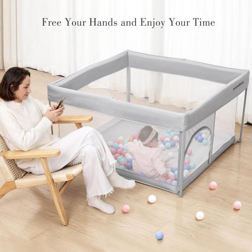 Foldable Baby Playpen 50×50, Out-of-The-Box Ready Playpen for Babies and Toddlers, Portable Play Yard with Breathable Mesh & ASTM F406 Certified(Light Grey)