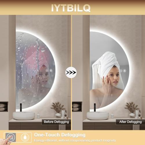 Size 32×16 Half Moon LED Mirror for Bathroom, LED Vanity Mirror with Anti-Fog, Backlit Bathroom Mirror with Lights, Irregular Round Smart Mirror with Dimmable 3-Color Lights,Tempered Glass