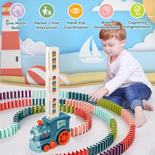 Domino Train Toy Set for Kids, Automatic Dominoes Blocks Building and Stacking Toys Creative Kids Games Early Education Christmas Birthday Gift Boys Girls Age 3 4 5 6 7 8 Year Old (Cyan)