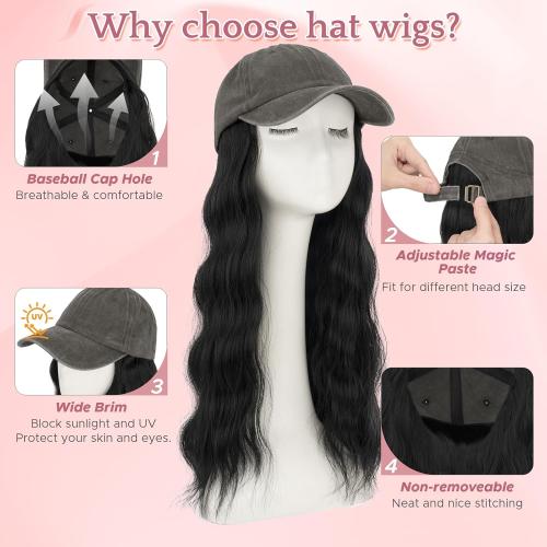 SEGO Hat Wigs, Hat with Hair Attached for Women Soft Denim Cap Wigs Long Wavy Curly Adjustable Baseball Cap With Hair Extensions -Gray 18-#01 Jet Black