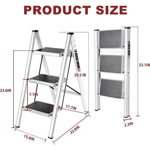 3 Step Ladder with Anti-Slip and Wide Pedal 330lbs Capacity Folding Step Ladder for Household Kitchen Office(White-P, 3 Step Ladder)