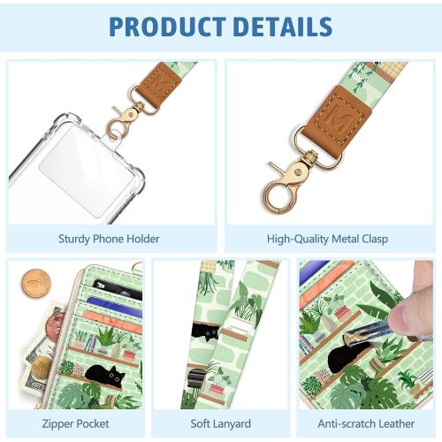Cute Black Cat Lanyard Wallet with ID Badge Holder Small Slim RFID Keychain | Slim Credit Card Holder, Zipper Coin Pocket, Phone Lanyard Wrist Strap, Office Essential, Work, Teacher, Name Tag, Girl Gift