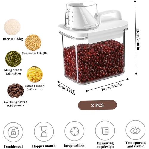 Container Sets, Rice Container, 2PCS 1100ml Airtight Cereal Storage Container with Measuring Cup & Pour Spout, Clear Plastic Rice Holder, Grain Dispenser with Handle for Flour, Sugar, Candy, Oatmeal