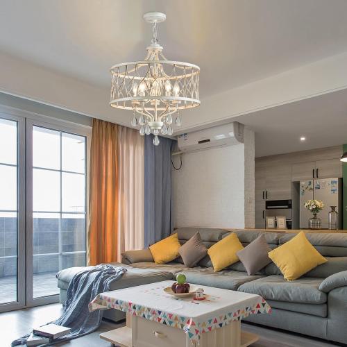 Modern Crystal Chandelier, 5-Light Farmhouse White Chandelier for Dining Room Vintage Hanging Pendant Light Fixtures Round Chandelier for Kitchen Island Entryway Foyer Bedroom Office Bar