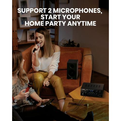 Moukey Stereo Receivers with Bluetooth 5.0, 2.0 Channel Power Audio Amplifier Stereo System w/USB, SD, AUX, RCA, MIC in w/Echo, LED for Karaoke, Home Theater Speakers, 400W Peak, 25W× 2 RMS- MAMP1