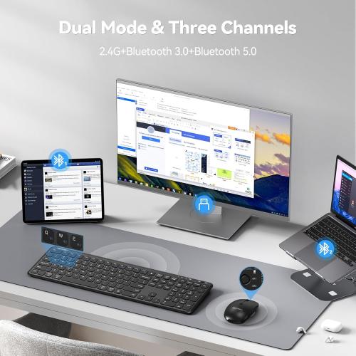 TECKNET Wireless Bluetooth Keyboard and Mouse Combo(2.4G USB   Dual BT), Rechargeable Keyboard Mouse Set, Full Size Quiet Slim Keyboards and Mice for Laptop, PC, iPad, Desktop, Black