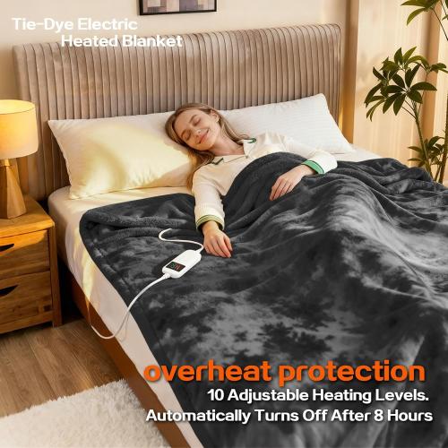 Electric Heated Blanket Throw 50''x60''Size Faux Fur Heating Blanket 10 Heating Settings, 1-8h Timer & Overheat Protection, Machine Washable, Soft Flannel and Sherpa Full Body Warmth