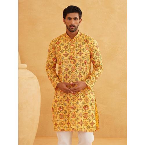 Size 54 Sojanya (Since 1958 Men'S Cotton Linen Blue Foil Printed Only Long Kurta