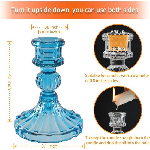 Set of 6 Color Blue Glass Candlestick Holder,Striped Taper Candle Holders,Set of 6 Candle Stand for Table Centerpieces, Home Decor,Weddings,Festival and Parties (Blue Stripe Pattern)