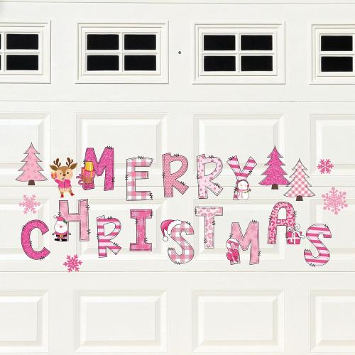 Whaline 22Pcs Merry Christmas Garage Door Magnets Decoration Pink Xmas Tree Santa Snowflake Garage Door Decals Cartoon Magnetic Refrigerator Stickers for Outdoor Party Home Car