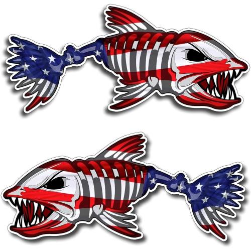 2 pcs US Flag Skeleton Fish Sticker by NTICKER - Waterproof Vinyl, Patriotic American Flag Fishbone Kayak, Fishing Boat Decal (12in, LR)