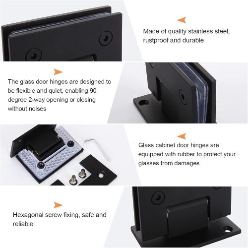 2Pack Glass Shower Door Hinges, 90 Degree Shower Hinges Replacement Parts with Mounting Hardware, Stainless Steel Bathroom Gate Clamp for 3/8” to 1/2”Glass, Black