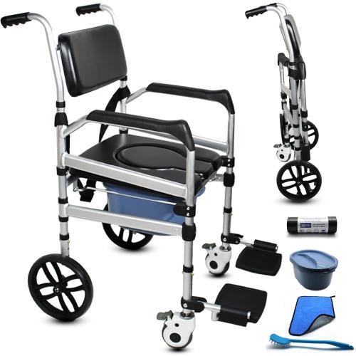 Folding Bedside Commode with Wheels, Padded Shower Chair with Bucket, Rolling Shower Commode Chairs with Soft Backrest, Bedside Commodes for Senior & Handicap