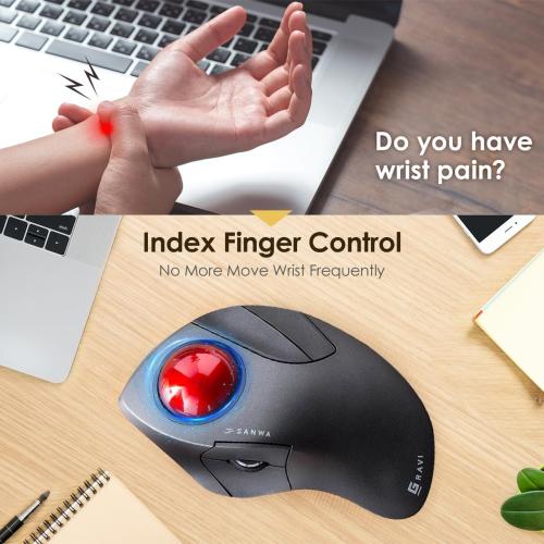 SANWA Bluetooth 5.1   2.4 G Wireless Ergonomic Trackball Mouse, Finger Control Roller Ball Mouse, 3 Device Switch, Silent Programmable Buttons, 1000/1600/2400 DPl, Compatible with PC, Windows, MacOS