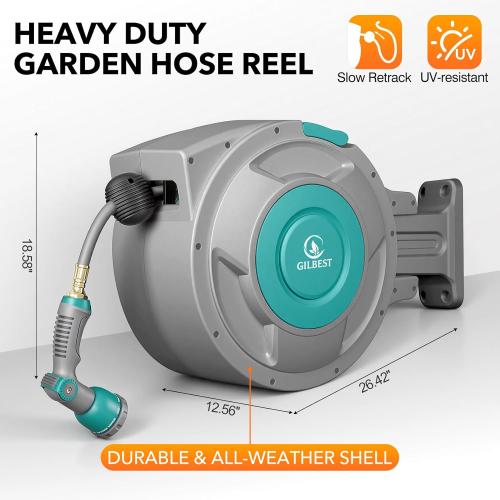 5/8 x 100 ft Retractable Garden Hose Reel, Heavy Duty Water Hose Reel | Any Length Lock, 180°Swivel, Wall Mounted Water Hose with 10-Function Nozzle for Cleaning, Watering (Green)
