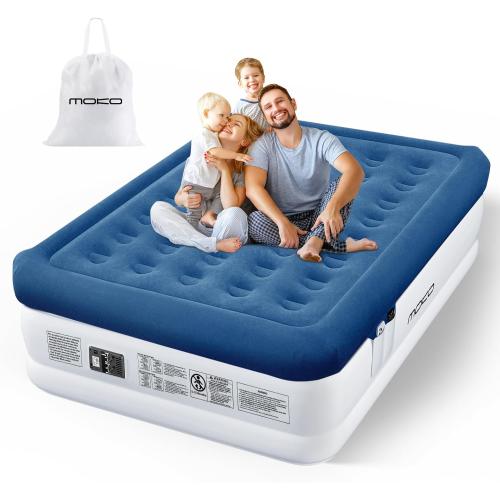 MoKo Air Mattress Queen with Built in Pump, 18'' Luxury Inflatable Mattress, 3 Min Fast Blow up Mattress with Dual-Chamber, Comfort Top - Velvety Air Bed for Home, Camping, Travel, Guests, White/Blue