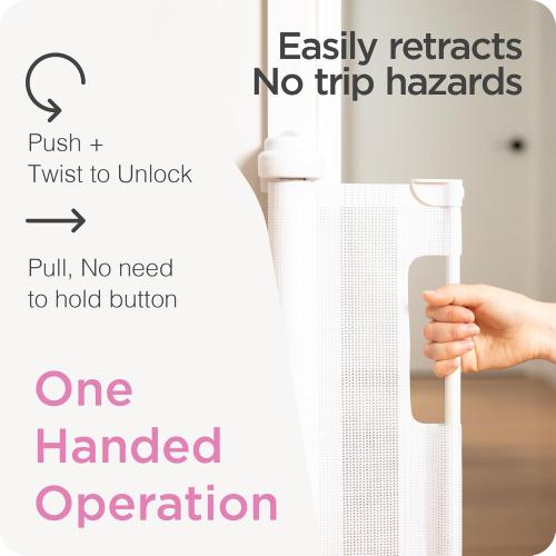 Retractable Baby Gate Perma Child Safety 33 Tall x 55” Wide, Mesh, for Stairs, Doorways, Dogs, Pets, Indoor, Outdoor, One-Handed Operation, Locking, Easy Install, Hardware Mount, White
