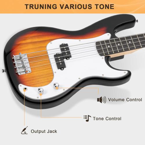 GLARRY Full Size Electric Bass Guitar Beginner Kit 4 String Exquisite Basswood Bass with 20W AMP, Cable, Strap, Bag and Accessories (Sunset, 39Right Handed)