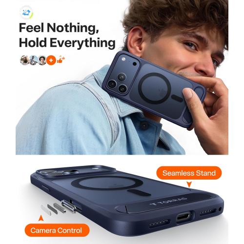 TORRAS Strong Magnetic & Seamless Stand for iPhone 17 Pro Max Case, Fit for MagSafe, Military Grade Drop Protection, Invisible Adjustable Kickstand, Camera Control Button, Translucent Matte Deep Blue