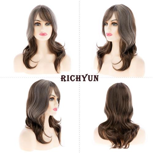 Womens Long Wavy Grey Brown Wigs for White Women Synthetic Heat Resistant Wig for Daily Party