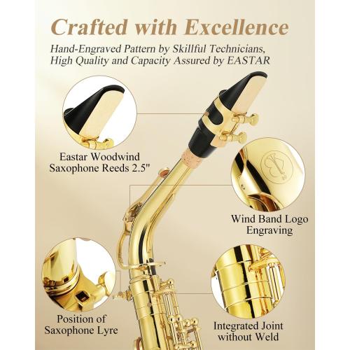 Eastar Professional Alto Saxophone Golden E Flat Eb with Cleaning Kit, Carrying Case, Mouthpiece, Neck Strap, Reeds, Stand, AS-Ⅲ