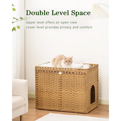 SETVSON Cat Litter Box Enclosure Furniture, Handwoven Rattan Hidden Litter Box with Mat, Large Space Cat House with 2 S-Shaped Hooks 30.3 x 18.3 x 24.4 Inches, Indoor for Living Room Apartment Natural