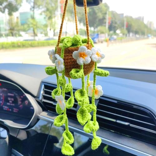 Potted Plants Crochet Rear View Mirror Accessories, Hand Crocheted (Glue Free) Safe Car Hanging Ornament, Cute Car Accessories for Women Interior